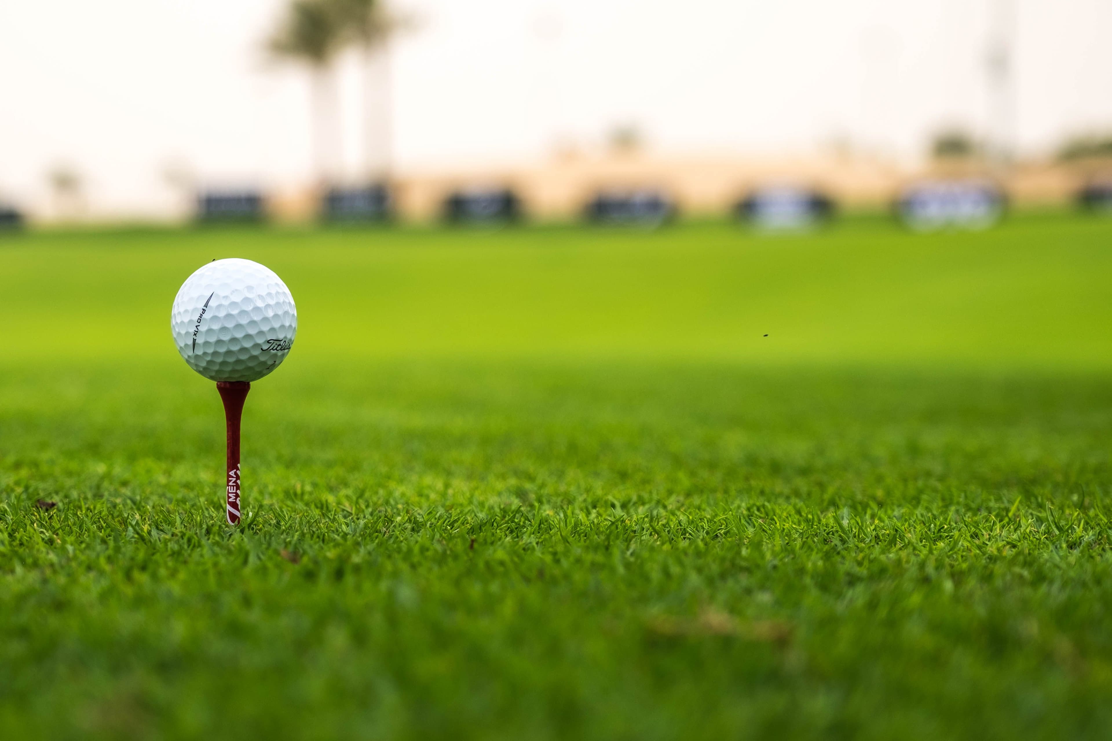 Golfball auf dem Tee mit Blick auf den Platz